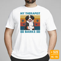 Berner Dog Themed Clothes & Attire - Funny Canine Tee Shirt For Humans - Gifts for Dog Moms, Dads & Lovers - My Therapist Barks T-Shirt - White, Plus Size