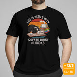 Berner Dog Themed Clothes - Canine Tee Shirt For Humans - Gifts for Dog Lovers - Life Is Perfect With Dogs, Dogs And Coffee T-Shirt - Black, Plus Size