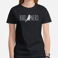 Bird Nerd T-Shirt - Nice Tits, Sparrow, Chickadee, Tufted Titmouse Birdwatching Shirt for Avian & Nature Lover, Outdoorsy Birder - Black, Women