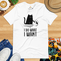 Black Cat Themed Clothes & Attire - Funny Cat Mom & Dad Tee Shirts - Gift Ideas For Coffee & Cat Lovers - I Do What I Want T-Shirt - White