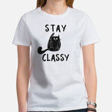 Black Cat Themed Clothes & Attire - Funny Cat Mom & Dad Tee Shirts - Presents, Gift Ideas For Cat Lovers & Owners - Stay Classy T-Shirt - White, Women