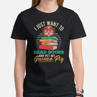 Book Lover Gift | I Just Want to Read Books and Pet My Guinea Pig Bookish Shirt for Guinea Pig Lover, Hamster Mom and Dad, Bookworms - Black, Women
