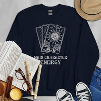 Book Lover Gift | Retro Main Character Energy Groovy Sweatshirt | Bookish Tarot Card Pullover for Bookworms, Librarians, Avid Readers - Navy