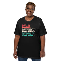 Bookish T-Shirt - Unique Presents, Gift Ideas for Book Lovers, Readers, Bookworms, Librarians - Booklovers Tee - Read Return Repeat Shirt - Black, Large Size for Overweight