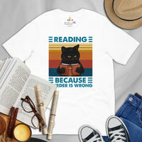 Book Nerd Gift for Book Lovers, Cat Lovers - Grumpy Cat Bookish Tee - Reading Because Murder Is Wrong Shirt for Bookworms, Avid Readers - White