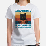 Book Nerd Gift for Book Lovers, Cat Lovers - Grumpy Cat Bookish Tee - Reading Because Murder Is Wrong Shirt for Bookworms, Avid Readers - White, Women