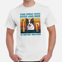 Border Collie Dog Themed Clothes - Canine Tee Shirts For Humans - Gift for Dog Lover - Time Spent With Dogs & Beer Is Never Wasted Tee - White, Men