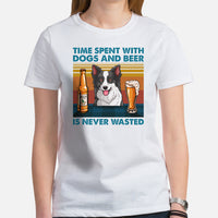 Border Collie Dog Themed Clothes - Canine Tee Shirts For Humans - Gift for Dog Lover - Time Spent With Dogs & Beer Is Never Wasted Tee - White, Women