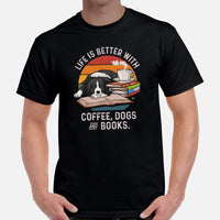 Border Collie Dog Themed Clothes - Canine Tee Shirts For Humans - Gifts for Dog Lovers - Life Is Better With Dogs, Books & Coffee Shirt - Black, Men