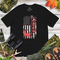 Bow Hunting T-Shirt - Gifts for Bow Hunters & Archers - Buck Antlers Hunting Season Merch - Hunting Deer & Bow & US Flag Themed Shirt - Black