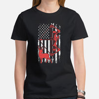 Bow Hunting T-Shirt - Gifts for Bow Hunters & Archers - Buck Antlers Hunting Season Merch - Hunting Deer & Bow & US Flag Themed Shirt - Black, Women