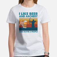 Bow Hunting T-Shirt - Gifts for Hunters, Archers & Beer Lovers - Hunting Season Tee - I Like Beer And Archery And Maybe 3 People Shirt - White, Women