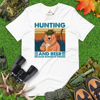 Bow Hunting T-Shirt - Gifts for Hunters, Archers & Beer Lovers - Smokey The Bear Merch - Hunting And Beer Because Murder Is Wrong Shirt - White