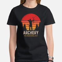 Bow Hunting T-Shirt - Gifts for Hunters, Archers - Buck Antler Hunting Season Merch - Archery The Traditional Way Retro Aesthetic Shirt - Black, Women