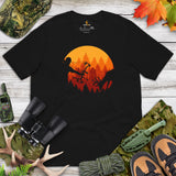 Bow Hunting T-Shirt - Gifts for Hunters, Archers - Buck Antlers Hunting Season Merch - Deer Hunting Retro Sunset Aesthetic Shirt - Black