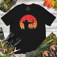 Bow Hunting T-Shirt - Gifts for Hunters, Archers - Buck & Deer Antlers Hunting Season Merch - Archery Retro Sunset Aesthetic Shirt - Black