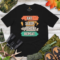 Bow Hunting T-Shirt - Gifts for Hunters, Archers - Deer & Buck Hunting Season Tee - Eat Sleep Archery Repeat 80s Retro Aesthetic Shirt - Black