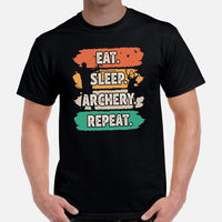 Bow Hunting T-Shirt - Gifts for Hunters, Archers - Deer & Buck Hunting Season Tee - Eat Sleep Archery Repeat 80s Retro Aesthetic Shirt - Black, Men