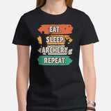 Bow Hunting T-Shirt - Gifts for Hunters, Archers - Deer & Buck Hunting Season Tee - Eat Sleep Archery Repeat 80s Retro Aesthetic Shirt - Black, Women