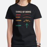 Archery T-Shirt - Archer Tee Shirts - Gifts for Hunters, Presents for Outdoorsmen & Archers - Funny Hunting T-Shirt - Types of Bows T-Shirt - Black, Women