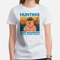 Bow Hunting T-Shirt - Gifts for Hunters, Archers & Wine Lovers - Smokey Bear Merch - Hunting And Bourbon Because Murder Is Wrong Shirt - White, Women