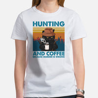 Bow Hunting T-Shirt - Gifts for Hunters, Coffee Lover, Cat Mom & Dad - Grumpy Cat Tee - Hunting & Coffee Because Murder Is Wrong Shirt - White, Women