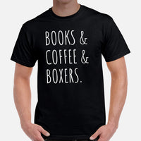 Boxer Dog Themed Clothes & Attire - Funny Canine Tee Shirts For Humans - Gifts for Dog Lovers & Owners - Books, Coffee & Boxers T-Shirt - Black, Men