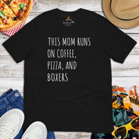 Boxer Dog Themed Clothes & Attire - Funny Canine Tee Shirts For Humans - Gifts for Dog Lovers - This Mom Runs On Coffee & Pizza T-Shirt - Black