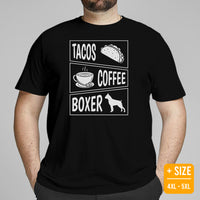 Boxer Dog Themed Clothes & Attire - Funny Canine Tee Shirts For Humans - Gifts for Taco & Dog Lovers - Tacos, Coffee And Boxer T-Shirt - Black, Plus Size