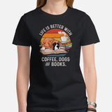 Boxer Dog Themed Clothes - Funny Canine Tee Shirts For Humans - Gifts for Dog Lovers - Life Is Better With Dogs, Books & Coffee T-Shirt - Black, Women