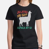 Brazillian Jiu Jitsu Shirt - BJJ, MMA Attire, Wear, Clothes, Outfit - Gifts for Fighters, Wrestlers - Funny Alpaca My Gi Jiu Jitsu Tee - Black, Women