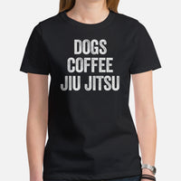 Brazillian Jiu Jitsu T-Shirt - BJJ, MMA Attire, Wear, Clothes, Outfit - Gifts for Fighters, Kungfu Lovers - Dogs Coffee Jiu Jitsu Tee - Black, Women