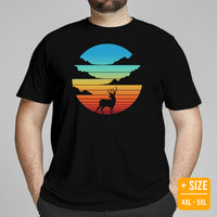 Buck & Deer Hunting T-Shirt - Gift for Hunter, Bow Hunter & Archer - Buck Antler Hunting Season Tee - Deer Retro Sunset Aesthetic Shirt - Black, Plus Size