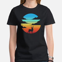 Buck & Deer Hunting T-Shirt - Gift for Hunter, Bow Hunter & Archer - Buck Antler Hunting Season Tee - Deer Retro Sunset Aesthetic Shirt - Black, Women