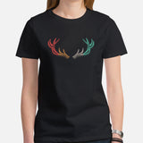 Buck & Deer Hunting T-Shirt - Gift for Hunter, Bow Hunter & Archer - Buck Hunting Season Tee - Shed Antlers Retro Aesthetic Shirt - Black, Women