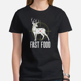 Buck & Deer Hunting T-Shirt - Gift for Hunter, Bow Hunter, Archer & Caribou Animals Lover - Hunting Season Tee - Deer Fast Food Shirt - Black, Women