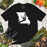 Buck & Deer Hunting T-Shirt - Gift for Hunter, Bow Hunter & Archer - Elk Hunting Season Shirt - Buck Antler Missouri Map Themed Shirt - Black