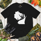 Buck & Deer Hunting T-Shirt - Gift for Hunter, Bow Hunter & Archer - Elk Hunting Season Shirt - Buck Antler Wisconsin Map Themed Shirt - Black