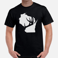 Buck & Deer Hunting T-Shirt - Gift for Hunter, Bow Hunter & Archer - Elk Hunting Season Shirt - Buck Antler Wisconsin Map Themed Shirt - Black, Men