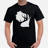 Buck & Deer Hunting T-Shirt - Gift for Hunter, Bow Hunter & Archer - Elk Hunting Season Shirt - Buck Antler Wisconsin Map Themed Shirt - Black, Men