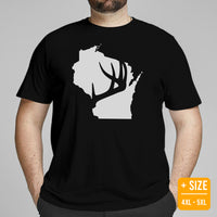 Buck & Deer Hunting T-Shirt - Gift for Hunter, Bow Hunter & Archer - Elk Hunting Season Shirt - Buck Antler Wisconsin Map Themed Shirt - Black, Plus Size