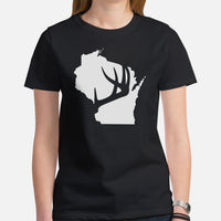 Buck & Deer Hunting T-Shirt - Gift for Hunter, Bow Hunter & Archer - Elk Hunting Season Shirt - Buck Antler Wisconsin Map Themed Shirt - Black, Women