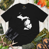 Buck & Deer Hunting T-Shirt - Gift for Hunter, Bow Hunter & Archer - Elk Hunting Season Shirt - Buck Antlers Michigan Map Themed Shirt - Black