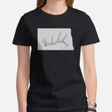 Buck & Deer Hunting T-Shirt - Gift for Hunter, Bow Hunter & Archer - Elk Hunting Season Tee - Buck Antler North Dakota Map Themed Shirt - Black, Women