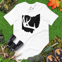 Buck & Deer Hunting T-Shirt - Gift for Hunter, Bow Hunter & Archer - Elk Hunting Season Tee - Buck Antler Ohio Map Themed Shirt - White