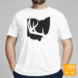 Buck & Deer Hunting T-Shirt - Gift for Hunter, Bow Hunter & Archer - Elk Hunting Season Tee - Buck Antler Ohio Map Themed Shirt - White, Plus Size