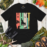 Buck & Deer Hunting T-Shirt - Gift for Hunter, Bow Hunter, Archer - Elk, Shed Antlers Hunting & Idaho Map Retro Aesthetic Shirt - Black