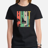 Buck & Deer Hunting T-Shirt - Gift for Hunter, Bow Hunter, Archer - Elk, Shed Antlers Hunting & Idaho Map Retro Aesthetic Shirt - Black, Women