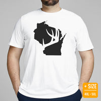 Buck & Deer Hunting T-Shirt - Gift for Hunter, Bow Hunter & Archer - Hunting Season Tee - Buck Antler Wisconsin Map Themed Shirt - White, Plus Size