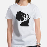 Buck & Deer Hunting T-Shirt - Gift for Hunter, Bow Hunter & Archer - Hunting Season Tee - Buck Antler Wisconsin Map Themed Shirt - White, Women